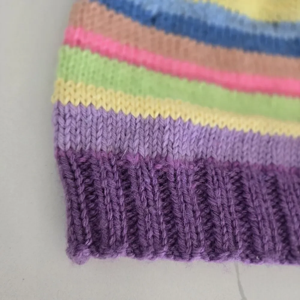 Hand Knitted Crochet Beanie in Blue and Cream Hat Women's Girls New